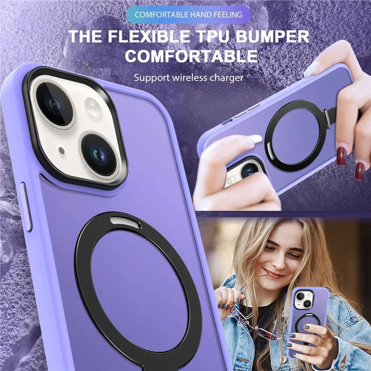 For iPhone 15 Case PC+TPU Shell Magnetic Phone Cover with Ring Kickstand