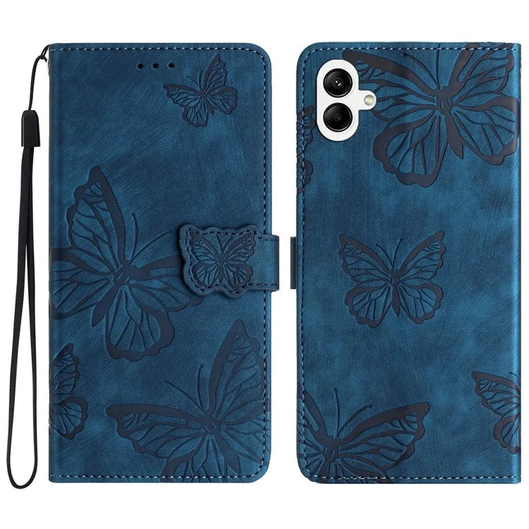 For Samsung Galaxy A05 4G Case Butterfly Imprinted PU Leather Anti-drop Phone Cover with Strap