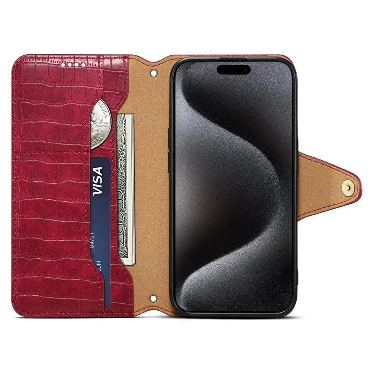 For iPhone 15 Pro Max Leather Case Crocodile Texture Phone Wallet Cover