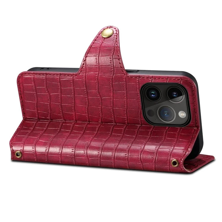 For iPhone 15 Pro Max Leather Case Crocodile Texture Phone Wallet Cover