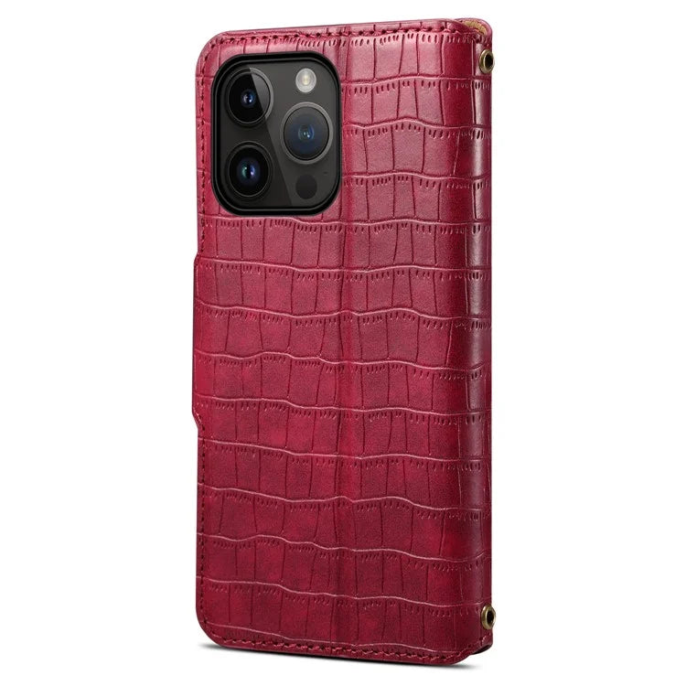 For iPhone 15 Pro Max Leather Case Crocodile Texture Phone Wallet Cover