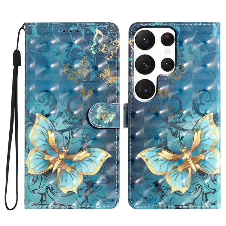 For Samsung Galaxy S22 Ultra 5G Leather Case 3D Pattern Printed Cellphone Stand Cover