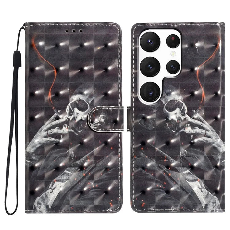 For Samsung Galaxy S22 Ultra 5G Leather Case 3D Pattern Printed Cellphone Stand Cover