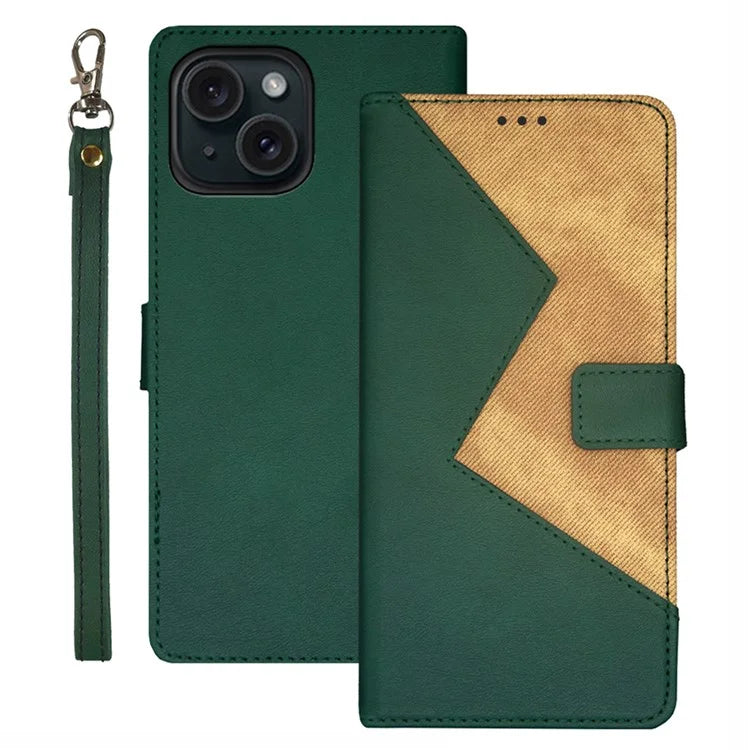 IDEWEI For iPhone 15 Plus Case Splicing Color Leather Phone Cover with Card Slots