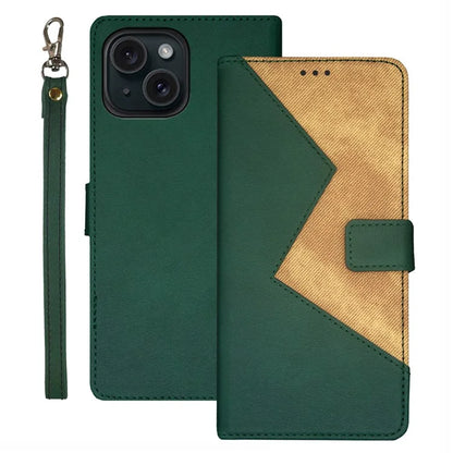 IDEWEI For iPhone 15 Plus Case Splicing Color Leather Phone Cover with Card Slots