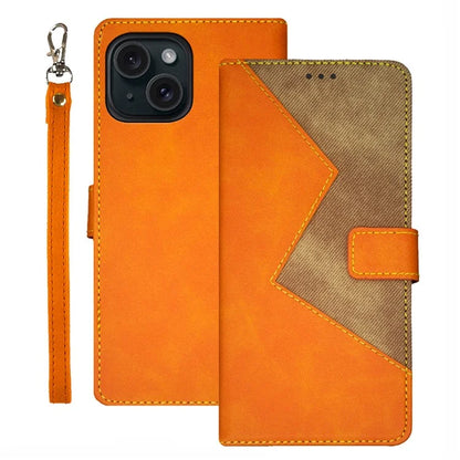 IDEWEI For iPhone 15 Plus Case Splicing Color Leather Phone Cover with Card Slots