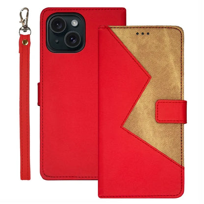 IDEWEI For iPhone 15 Plus Case Splicing Color Leather Phone Cover with Card Slots