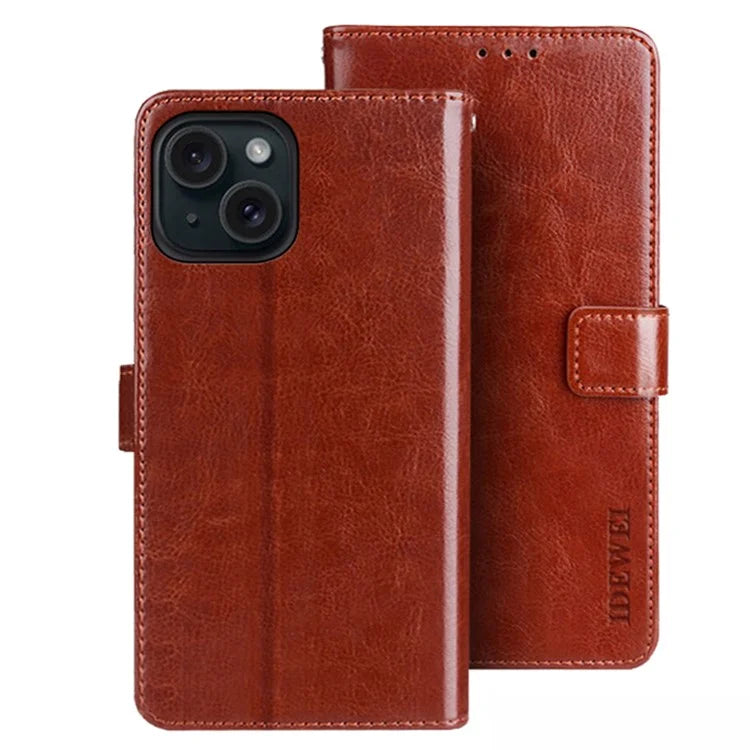 IDEWEI For iPhone 15 Case Crazy Horse Texture Wallet Leather Stand Phone Shell
