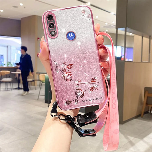 KADEM For Motorola Moto E7 Power Case Flower Decor TPU Mobile Phone Cover with Strap