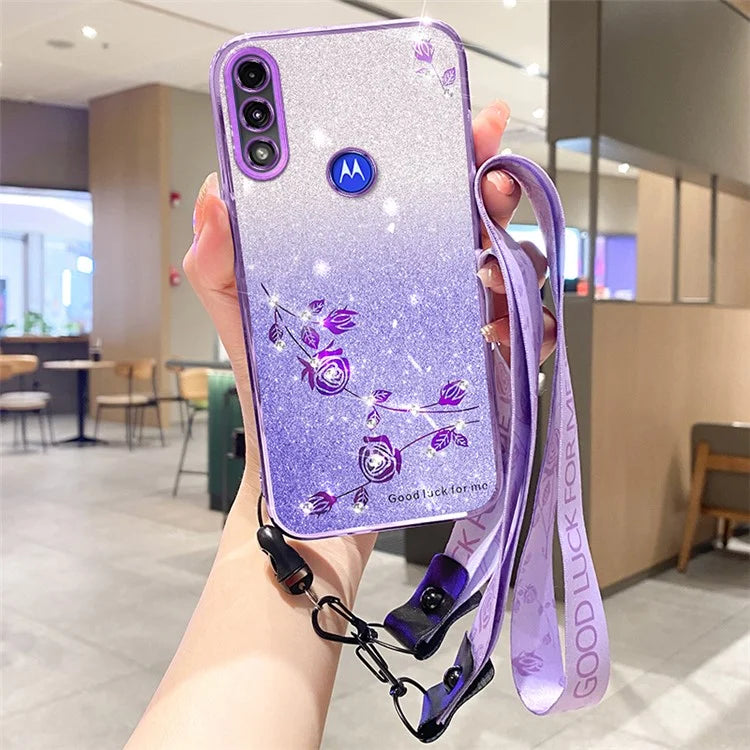 KADEM For Motorola Moto E7 Power Case Flower Decor TPU Mobile Phone Cover with Strap