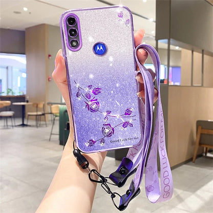 KADEM For Motorola Moto E7 Power Case Flower Decor TPU Mobile Phone Cover with Strap