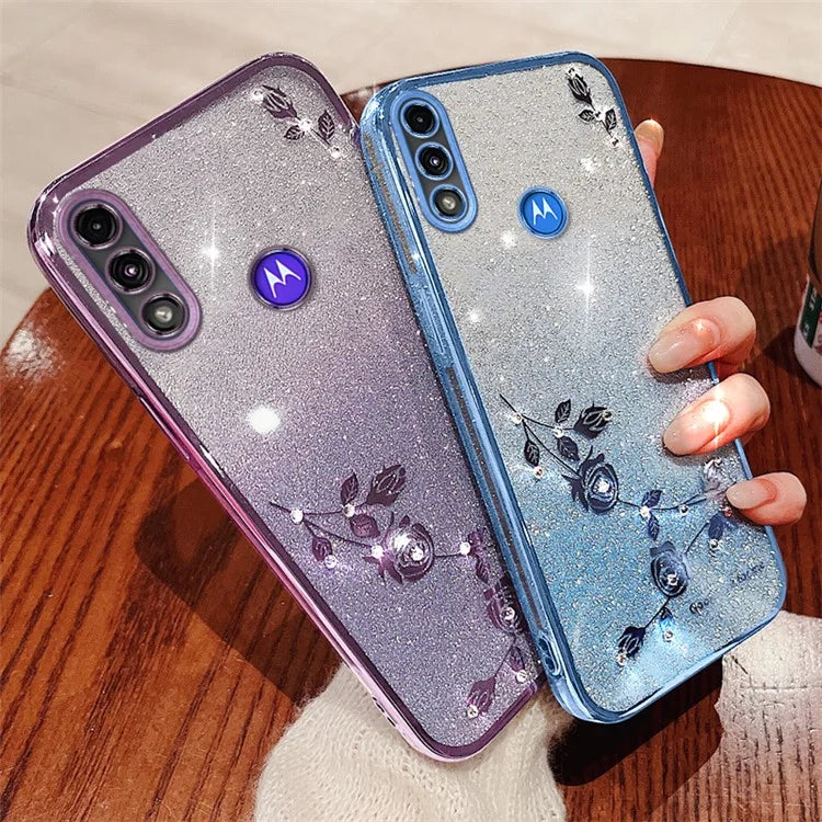 KADEM For Motorola Moto E7 Power Case Flower Decor TPU Mobile Phone Cover with Strap