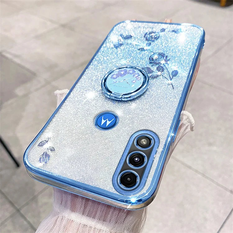 KADEM For Motorola Moto E7 Power Case Glitter Flower Pattern TPU Phone Cover with Kickstand