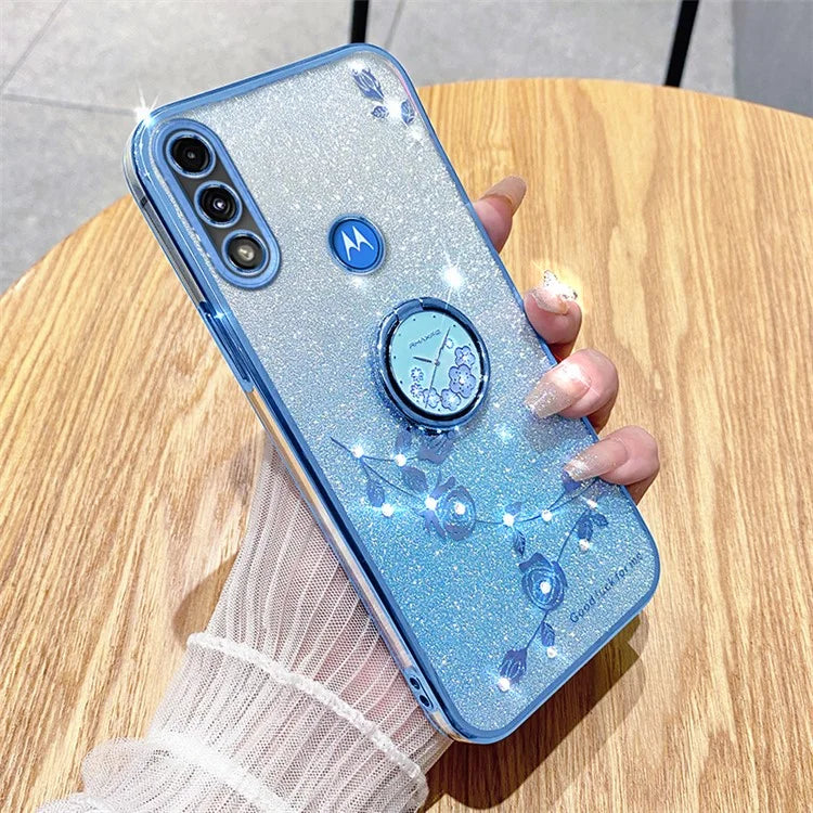 KADEM For Motorola Moto E7 Power Case Glitter Flower Pattern TPU Phone Cover with Kickstand