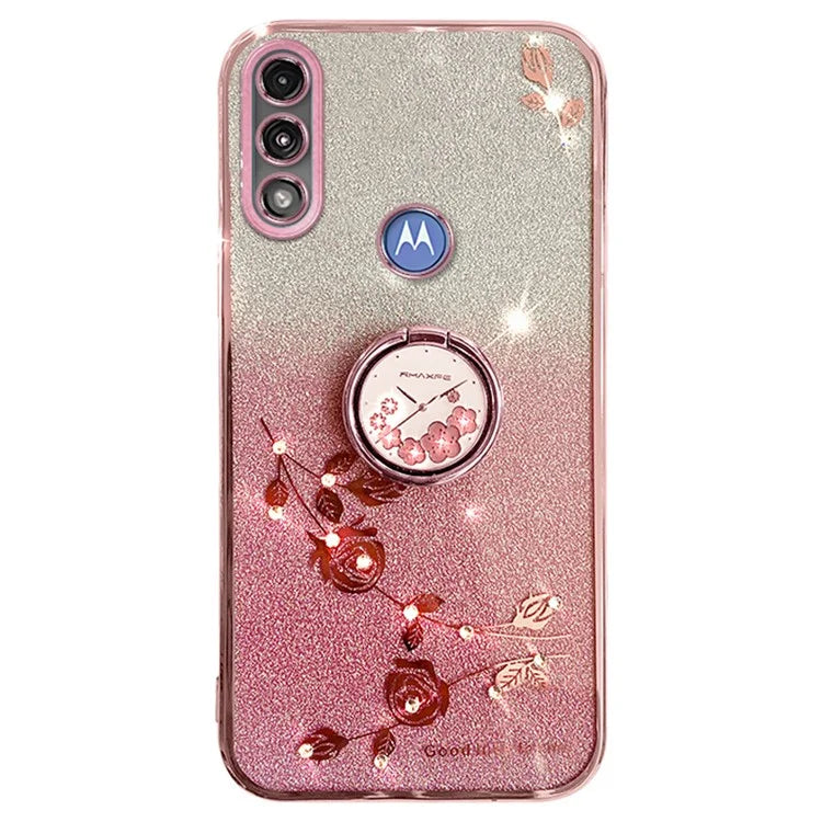 KADEM For Motorola Moto E7 Power Case Glitter Flower Pattern TPU Phone Cover with Kickstand
