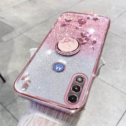 KADEM For Motorola Moto E7 Power Case Glitter Flower Pattern TPU Phone Cover with Kickstand