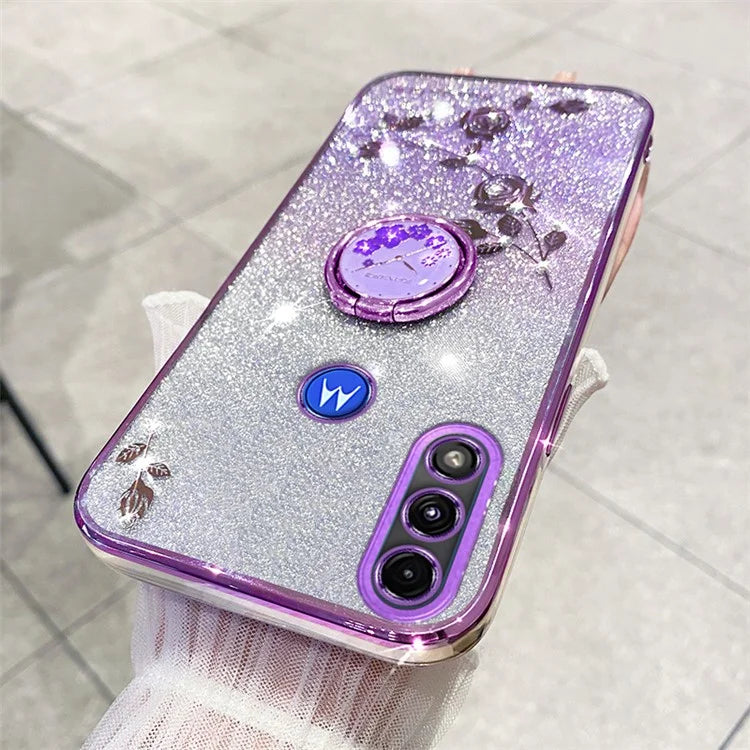 KADEM For Motorola Moto E7 Power Case Glitter Flower Pattern TPU Phone Cover with Kickstand