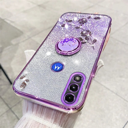 KADEM For Motorola Moto E7 Power Case Glitter Flower Pattern TPU Phone Cover with Kickstand