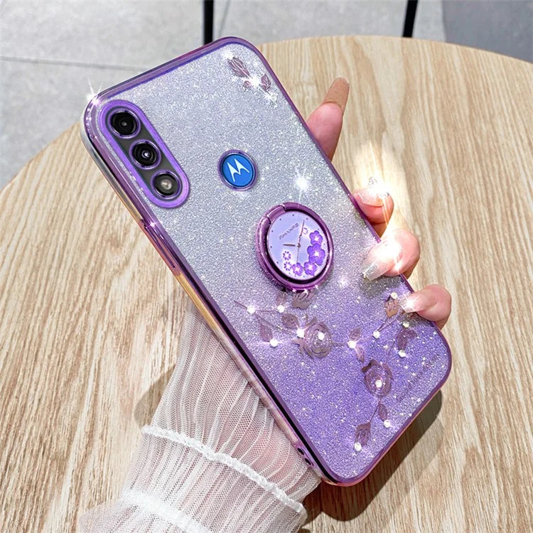 KADEM For Motorola Moto E7 Power Case Glitter Flower Pattern TPU Phone Cover with Kickstand