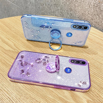 KADEM For Motorola Moto E7 Power Case Glitter Flower Pattern TPU Phone Cover with Kickstand