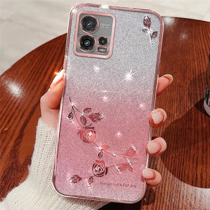 KADEM For Motorola Moto G72 5G Case Rhinestone Flower Glitter TPU Cellphone Cover