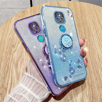 KADEM For Motorola Moto E7 Plus Case Flower Pattern TPU Phone Cover with Ring Kickstand