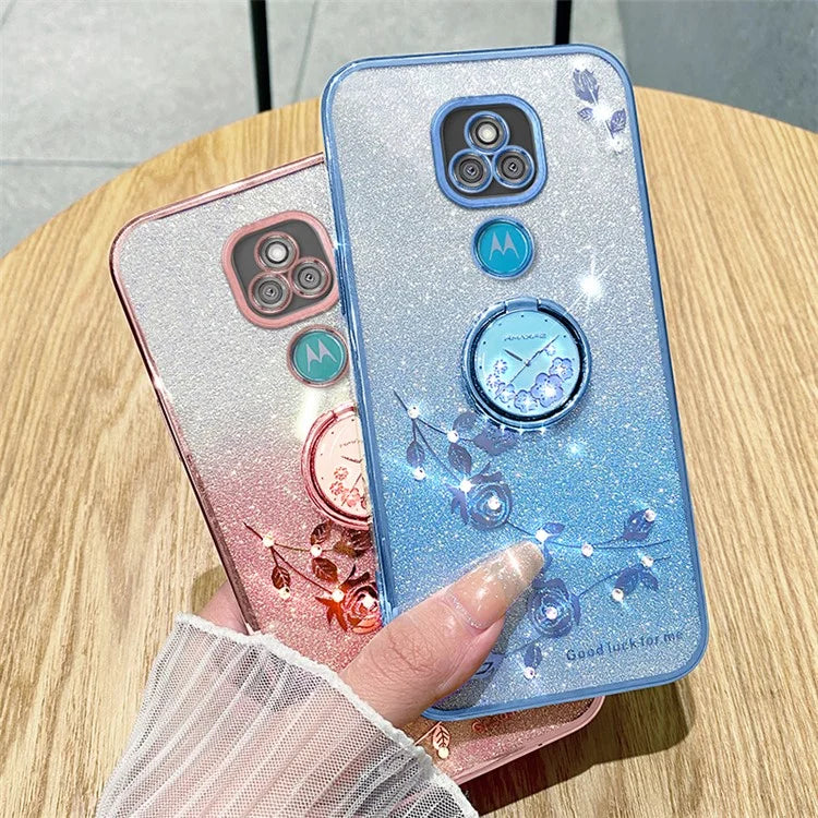 KADEM For Motorola Moto E7 Plus Case Flower Pattern TPU Phone Cover with Ring Kickstand