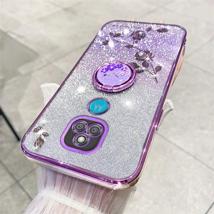 KADEM For Motorola Moto E7 Plus Case Flower Pattern TPU Phone Cover with Ring Kickstand