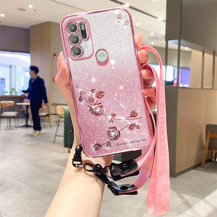 KADEM For Motorola Moto G60S Case Flower Pattern Glitter Cellphone Cover with Strap