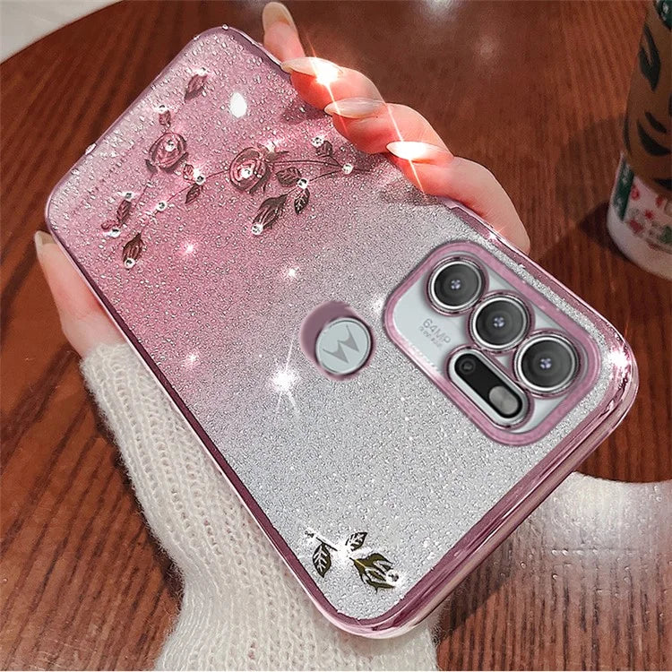 KADEM For Motorola Moto G60S Case Flower Pattern Glitter Cellphone Cover with Strap