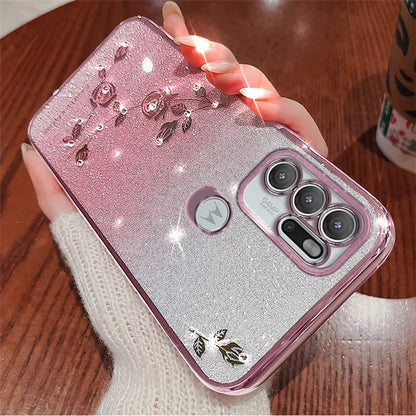 KADEM For Motorola Moto G60S Case Flower Pattern Glitter Cellphone Cover with Strap