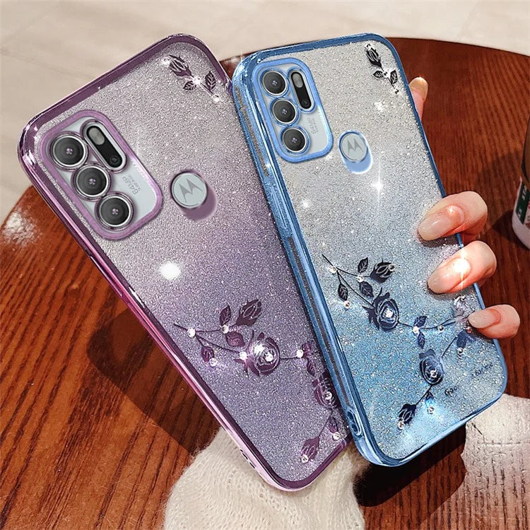 KADEM For Motorola Moto G60S Case Flower Pattern Glitter Cellphone Cover with Strap