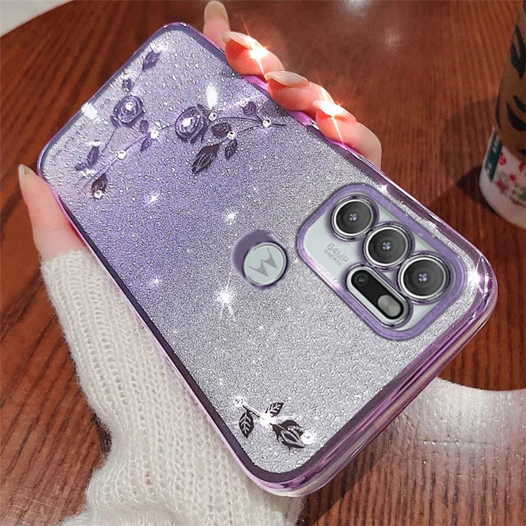 KADEM For Motorola Moto G60S Case Flower Pattern Glitter Cellphone Cover with Strap