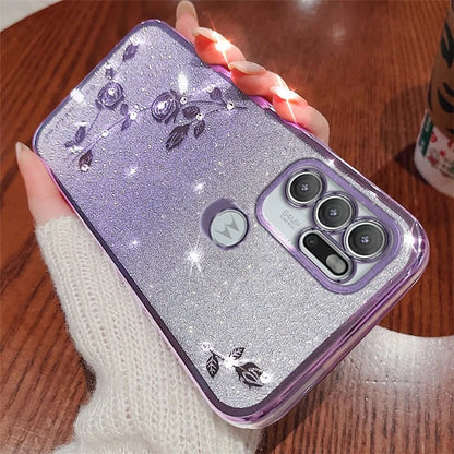 KADEM For Motorola Moto G60S Case Flower Pattern Glitter Cellphone Cover with Strap