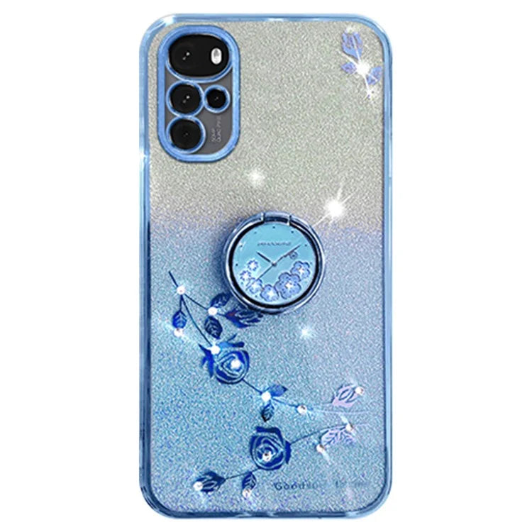 KADEM For Motorola Moto G22 Case Ring Kickstand Flower Pattern TPU Phone Cover
