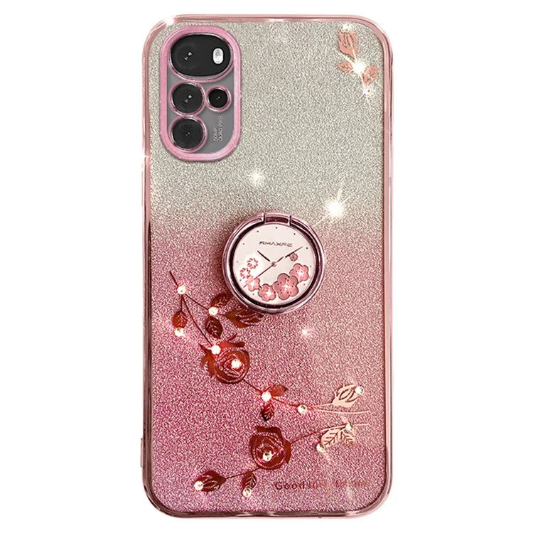 KADEM For Motorola Moto G22 Case Ring Kickstand Flower Pattern TPU Phone Cover