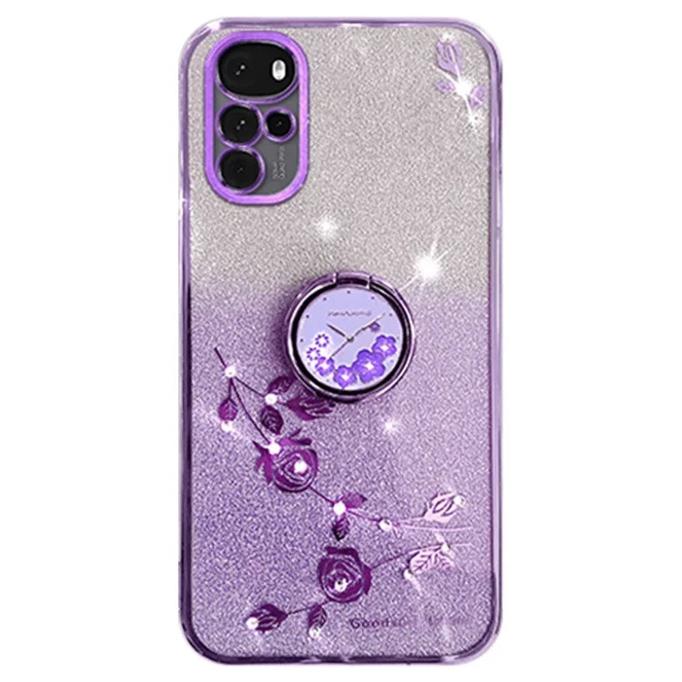 KADEM For Motorola Moto G22 Case Ring Kickstand Flower Pattern TPU Phone Cover