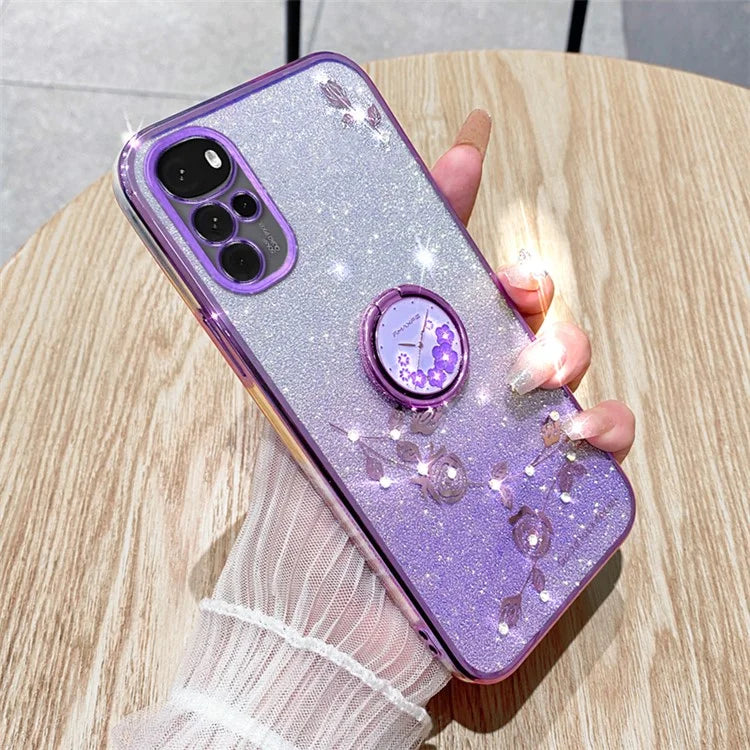 KADEM For Motorola Moto G22 Case Ring Kickstand Flower Pattern TPU Phone Cover