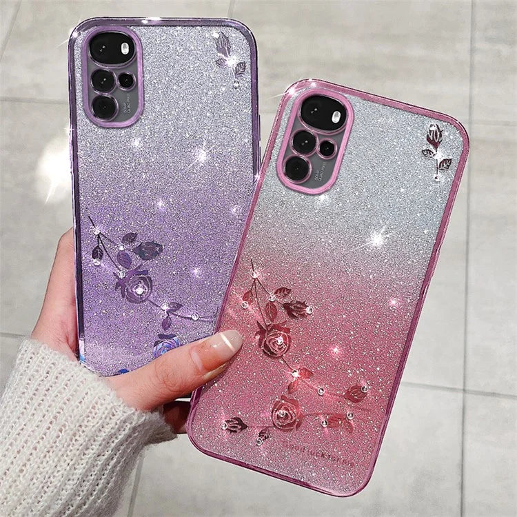 KADEM For Motorola Moto G22 Case Glitter Rhinestone Flower Phone Cover with Strap