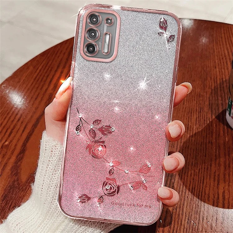 KADEM For Motorola Moto G9 Plus Case Rhinestone Flower Gradient Glitter Phone Cover