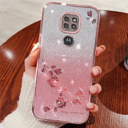 KADEM For Motorola Moto G9 Play TPU Case Phone Cover with Glitter Rhinestone Flower