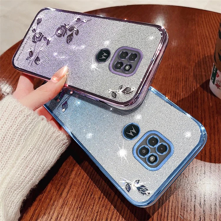 KADEM For Motorola Moto G9 Play TPU Case Phone Cover with Glitter Rhinestone Flower