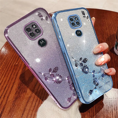 KADEM For Motorola Moto G9 Play TPU Case Phone Cover with Glitter Rhinestone Flower