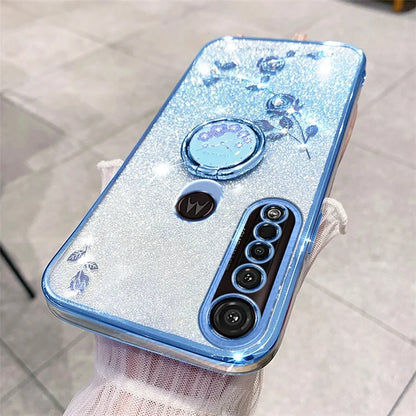 KADEM For Motorola Moto G8 Plus Case Flower Decor Glitter TPU Phone Cover with Kickstand
