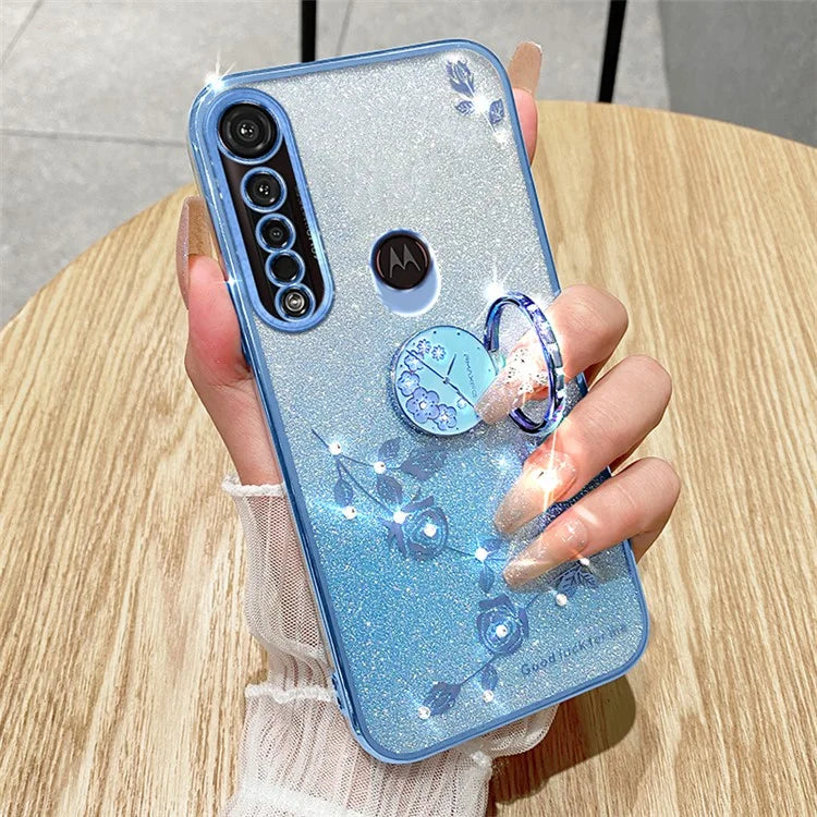 KADEM For Motorola Moto G8 Plus Case Flower Decor Glitter TPU Phone Cover with Kickstand