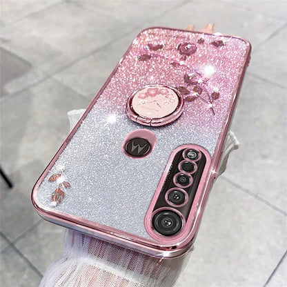KADEM For Motorola Moto G8 Plus Case Flower Decor Glitter TPU Phone Cover with Kickstand
