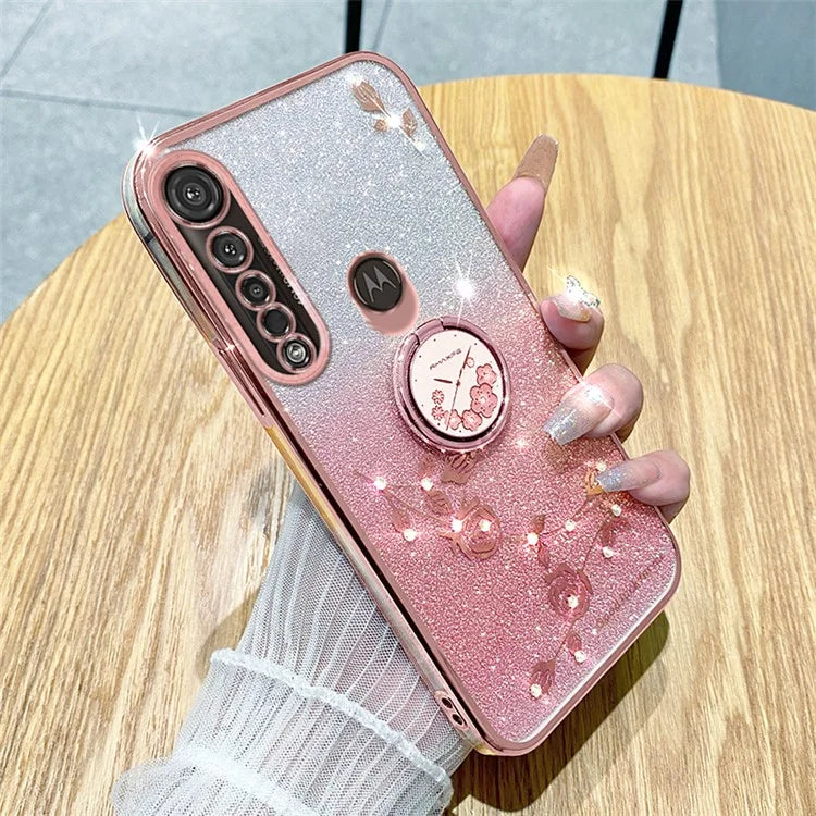 KADEM For Motorola Moto G8 Plus Case Flower Decor Glitter TPU Phone Cover with Kickstand