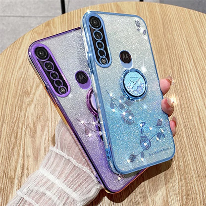 KADEM For Motorola Moto G8 Plus Case Flower Decor Glitter TPU Phone Cover with Kickstand