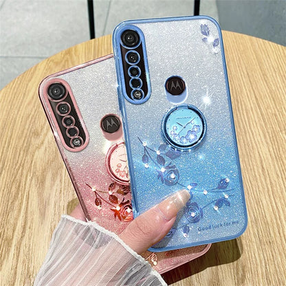 KADEM For Motorola Moto G8 Plus Case Flower Decor Glitter TPU Phone Cover with Kickstand