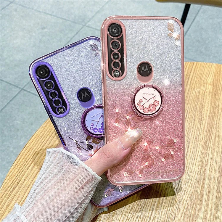 KADEM For Motorola Moto G8 Plus Case Flower Decor Glitter TPU Phone Cover with Kickstand